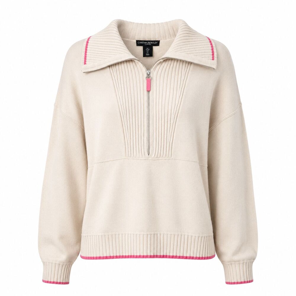 Cynthia Rowley Women's Large Quarter Zip Sweater Pink Trim Preppy Coastal